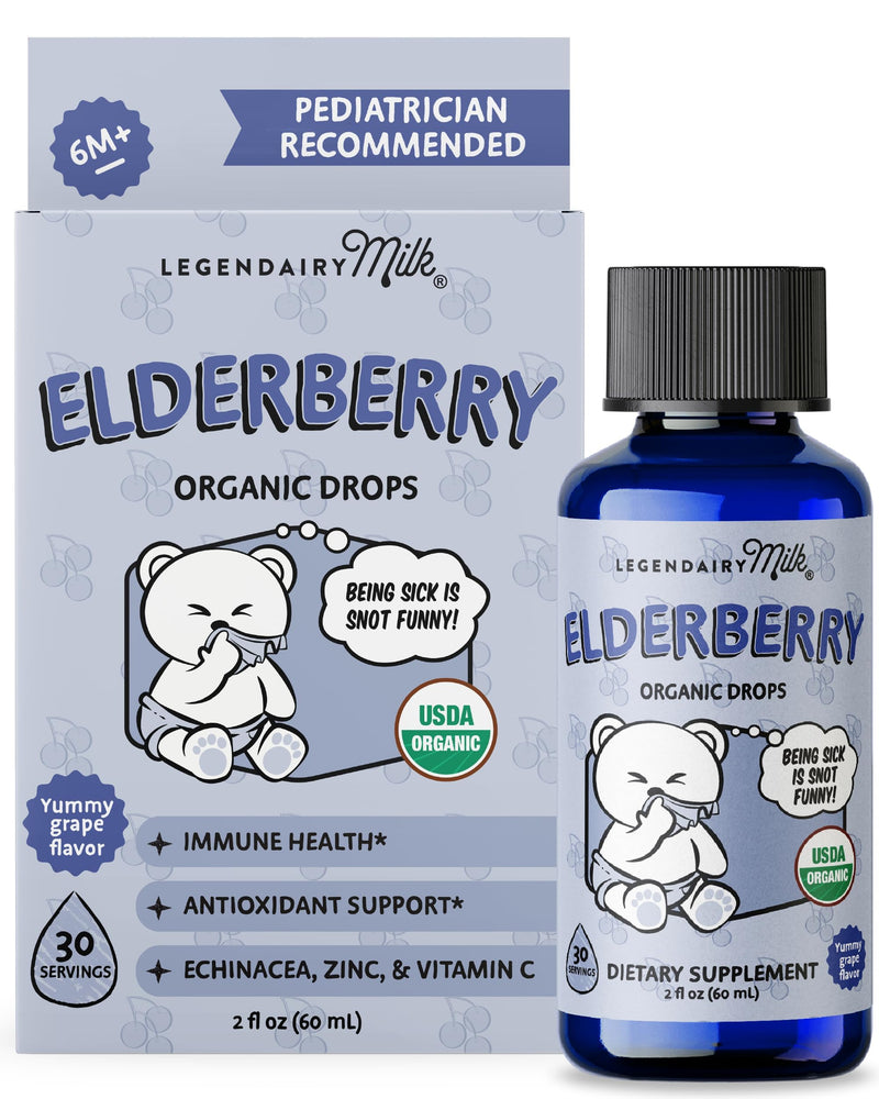 Legendairy Milk Organic Baby Elderberry Syrup Drops, Vitamin C & Zinc 2oz | Sugar-free multivitamin drops with Echinacea support daily immune health for babies 6 months+. Mixes easily with food