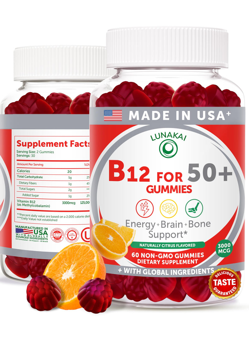 Lunakai USA Made Vitamin B12 Gummies for Adults 50+, 3000mcg, 60ct | Non-GMO, Vegan B12 Supplement for Energy Metabolism & Daily Vitality Support - Tasty & Non-Sticky Gummies