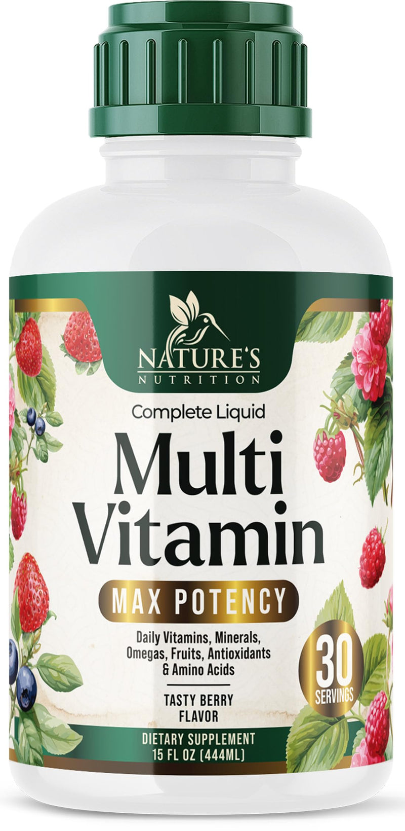 Liquid Multivitamin - Sugar Free Daily Multi Vitamin for Women, Men & Kids, Vitamins A, C, D, B-12, Biotin & Zinc - Supports Faster Hair Growth & Skin Wrinkles, Vegan, Non-GMO, Berry Flavor, 15 Fl Oz
