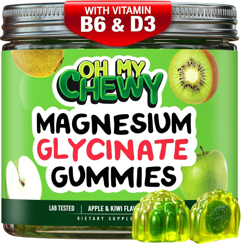Magnesium Glycinate Gummies Supplement - Support for Sleep, Calm, Relax | Center-Filled, High Absorption for Kids, Teens & Adults with B6 & D3 - Gluten Free & Vegan Friendly 60 Count (Apple & Kiwi)