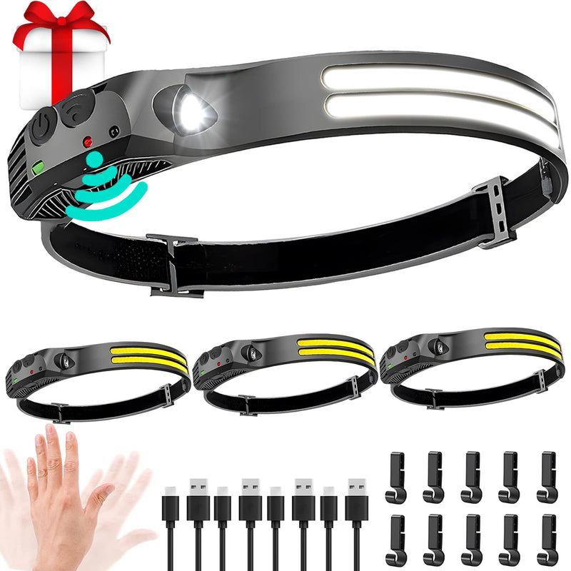LED Headlamp Rechargeable 4PCS - 230° COB Super Bright Head Lights for Forehead, Hard hat Light for Adults, USB C Headband Flashlight for Work, Hiking, Running, Camping Essentials Gear Black 4 Pack - New Upgrade II Dual-Led Strip