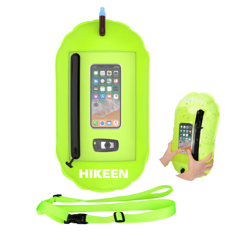 Hikeen Swim Buoy -Waterproof Touchscreen Storage Space, Swim Safety Float w/Adjustable Waist Belt for Open Water Swimmers and Triathletes -Be Bright,Be Safer & Be Seen Green