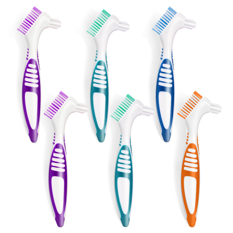 6 Pcs Denture Brush Set for False Teeth, Denture Toothbrushes with Double Sided Design, Denture Cleaning Brush with Multi-Layered Soft Bristles and Rubber Anti-Slip Handle, 4 Colors - BeesActive Australia
