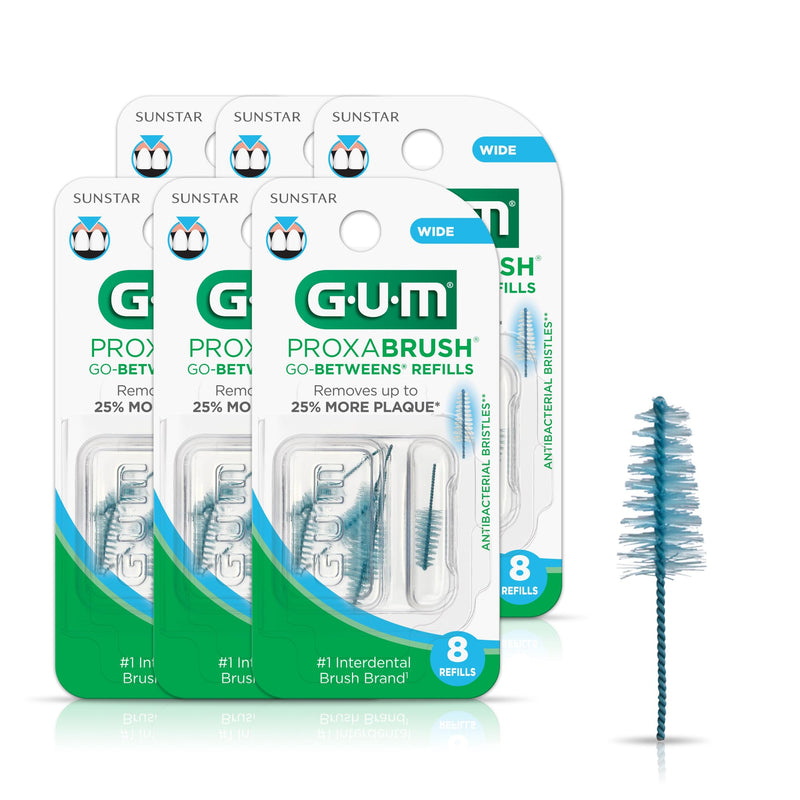 GUM Proxabrush Go-Betweens Refills - Wide - Compatible with GUM Permanent Handle - Reusable Interdental Brushes - Soft Bristled Dental Picks, 8 Count(Pack of 6) 48 Count