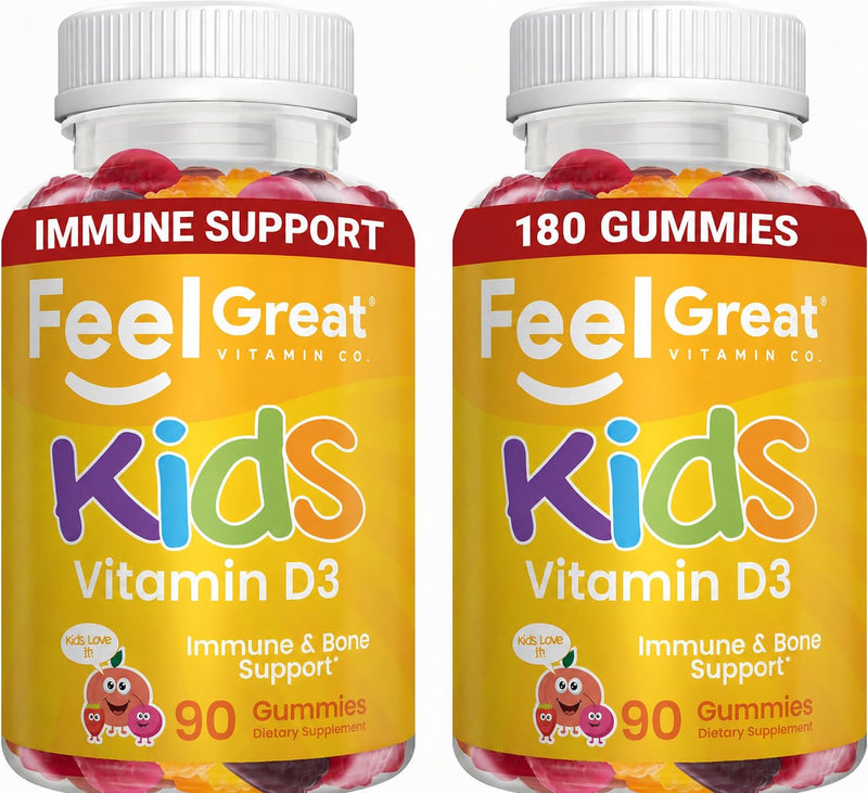 Feel Great Kids Vitamin D3 1000 IU Gummies, Immune Support, 90ct, 2 Pack | Vitamin D3 for Immune & Bone Support, Citrus Flavor, Vegetarian Gummy, Year-Round Sunshine Nutrient Kids Vitamin D 90 - 2 Pack