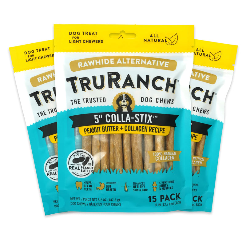 TRURANCH Collagen Sticks - 5" Collagen Sticks for Dogs - Long Lasting Healthy Joint Support - Rawhide Alternative - Skin & Coat Health - Made with Real Peanut Butter, Value Pack, 3 Bags, 45 Count Peanut Butter - 3 Pack (45 Count)