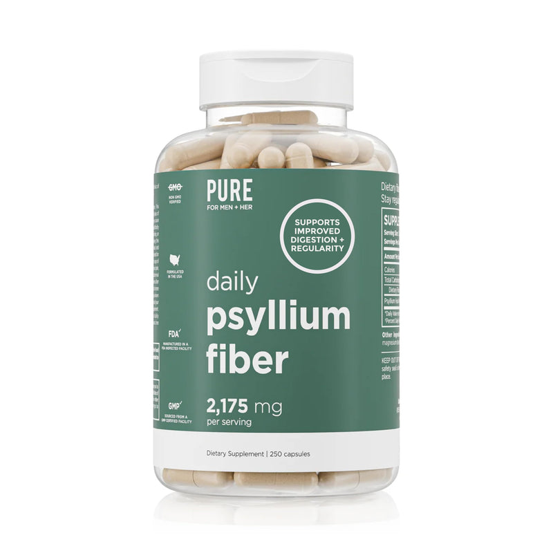 Pure for Men & Her Daily Psyllium Husk Fiber Supplement (250 Capsules) | Soluble Fiber 2,175mg Per Serving, Digestive Regularity & Gut Health Support for Men & Women, Psyllium Husk Powder, Vegan 250 Count (Pack of 1)