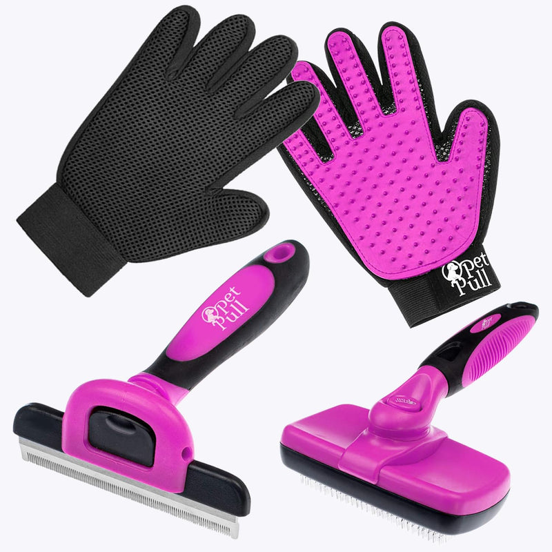 Complete Professional Pet Grooming Kit with Pet Hair Removal Tool Brush Gloves, Self Cleaning Slicker Brush, and Pro Grooming Dog Brush Deshedder Comb to Reduce Shedding (Pink) Pink - BeesActive Australia