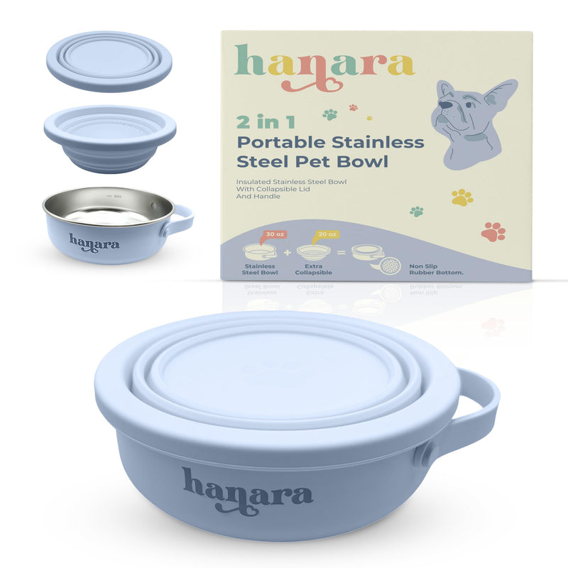 2-in-1 Insulated Stainless Steel Dog Bowl with Extra Collapsible Lid and Handle for Dog Cat Pet | Non Slip Rubber Bottom | Portable, Great for Indoor, OutDoor| 30 OZ (plus 20 oz) (Blue) Blue - BeesActive Australia