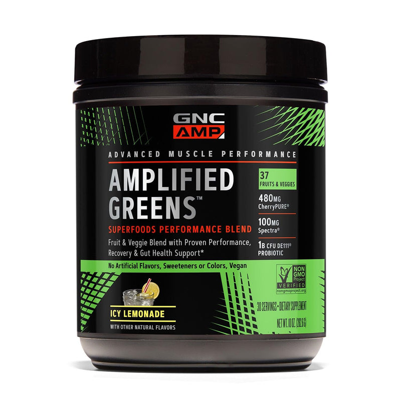 GNC AMP Amplified Greens Blend, ICY Lemonade, 10 oz, 30 Servings | Clinically Studied Cherrypure and Spectra Support Aerobic Performance and Antioxidant Health, with Probiotics for Gut Support