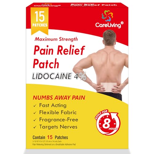 CARELIVING 4% Lidocaine Pain Relief Patch, 15 Count, 3.9” x 5.5”, Maximum Strength Gel Patches for Back Knee Neck Joint Ache Muscle Soreness, Portable Heating Pad, Multi-Purpose Heat Wraps