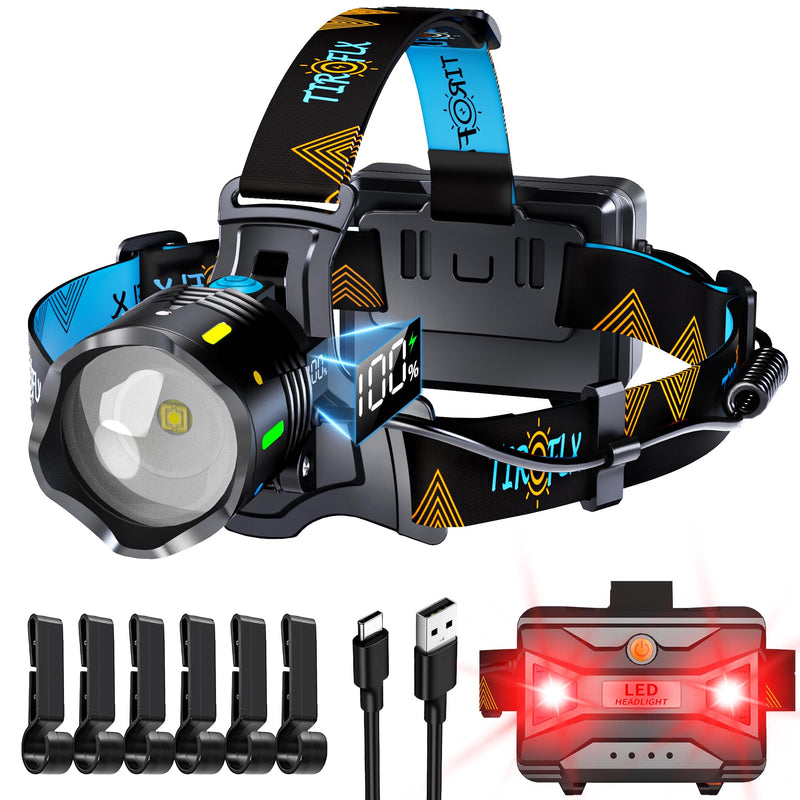 12 Modes 4000 Headlamp Motion Sensor Red Warning Z-oomable Energy Saving, More Than 95 Hour Standby Head Lamp, IP65 Waterproof and 125° Head Light for Camping Hiking Hunting Hardhat