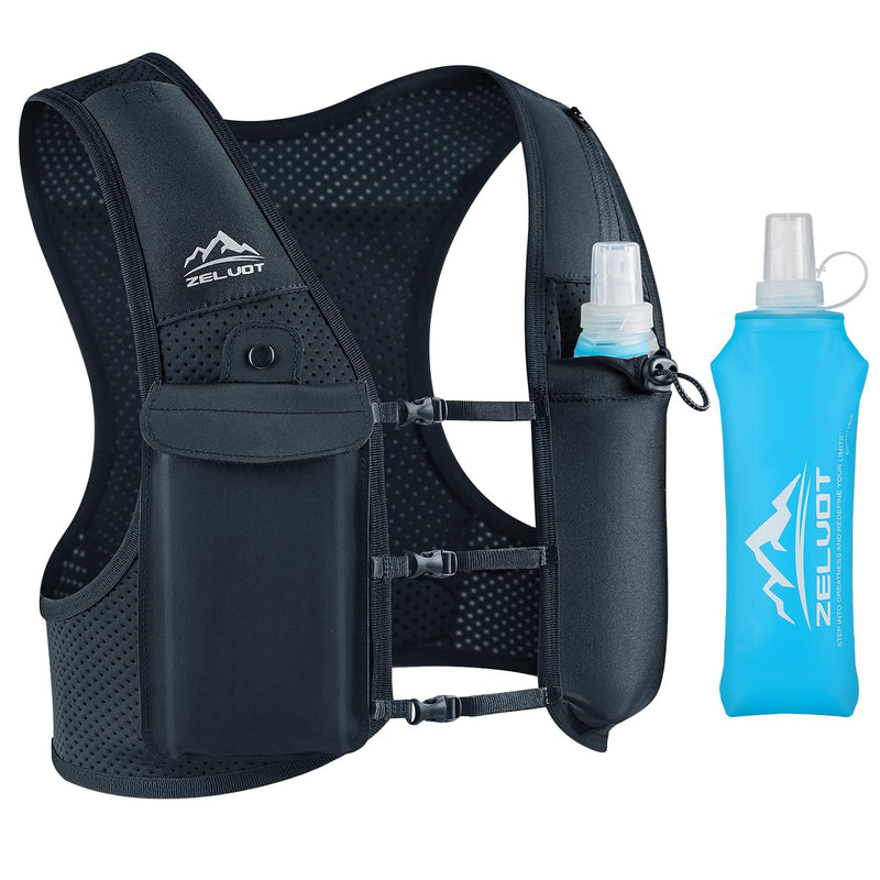 Running Vest for Women Men, USA Original Patent, Adjustable Chest Straps Running Hydration Vest with 500ml Soft Flask, Lightweight Reflective Hydration Backpack for Marathon Medium-Large Black