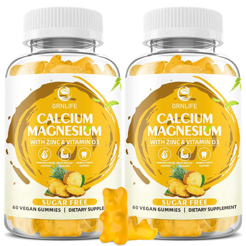 Calcium Magnesium Zinc Gummies with Vitamin D3, Sugar Free Calcium Gummies for Women Men, High Potency Magnesium for Bone & Muscle & Immune Health, Pineapple Flavor - 120 Count 60 Count (Pack of 2)
