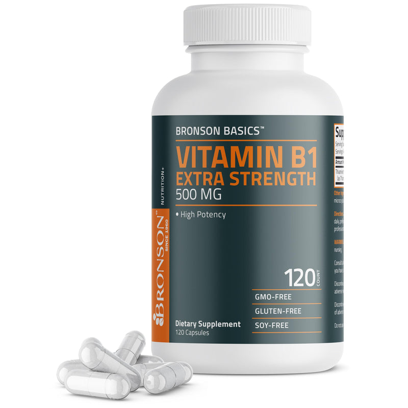 Bronson Vitamin B1 Extra Strength 500 MG High Potency Non-GMO, 120 Capsules Unflavored 120 Count (Pack of 1)