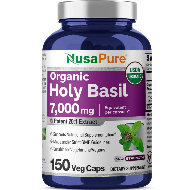 NusaPure USDA Organic Holy Basil Capsules 20:1 Extract, 350 mg Equivalent to 7,000mg | 150 Vegan Caps | Tulsi Holy Basil Leaf Extract | 2.5% Ursolic Acid | Non-GMO 150 Count (Pack of 1)