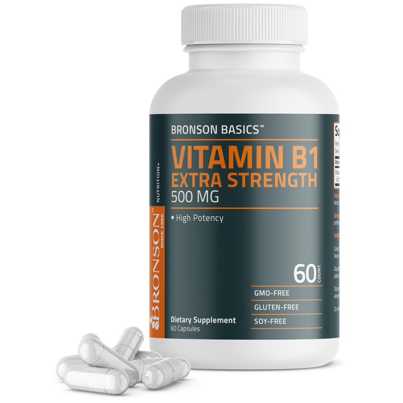 Bronson Vitamin B1 Extra Strength 500 MG High Potency Non-GMO, 60 Capsules Unflavored 60 Count (Pack of 1)