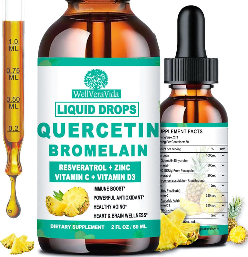 Quercetin with Bromelain Liquid Drops, 4X Stronger Than Capsules & Pills, 7-in-1 Organic Zinc Quercetin 1000mg with Bromelain 500mg Vitamin C D3 Immune Complex for Respiratory Health & Antioxidant - BeesActive Australia