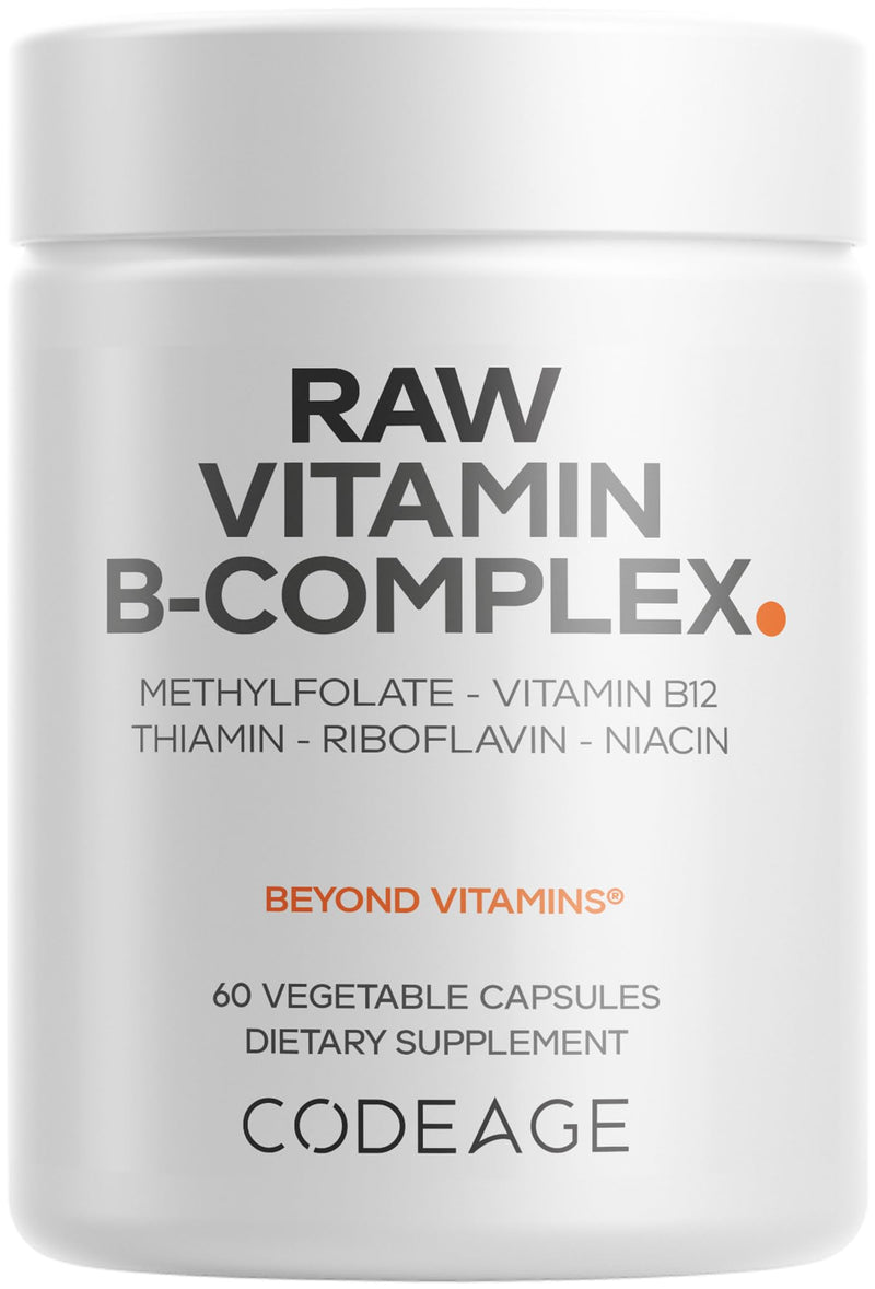Codeage Raw Vitamin B-Complex Supplement - Essential B Vitamins with Probiotics, Digestive Enzymes, Fruits & Vegetables - 2-Month Supply - Methylfolate - Biotin - Vitamin B12 - Non-GMO - 60 Capsules