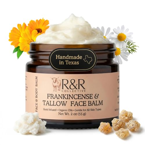R&R Collective Frankincense Tallow Face Moisturizer – 100% Grass-Fed Whipped Beef Tallow Balm for Dry, Sensitive Skin, Eczema & Psoriasis – Handmade Natural Skincare – 2 oz