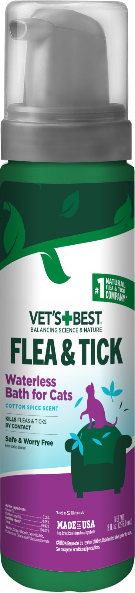 Vet’s Best Flea & Tick Waterless Bath for Cats – Cat Waterless Bath – Cotton Spice Scent – Natural Flea and Tick Prevention – Kills Fleas & Ticks on Contact – 8oz 5 oz - BeesActive Australia
