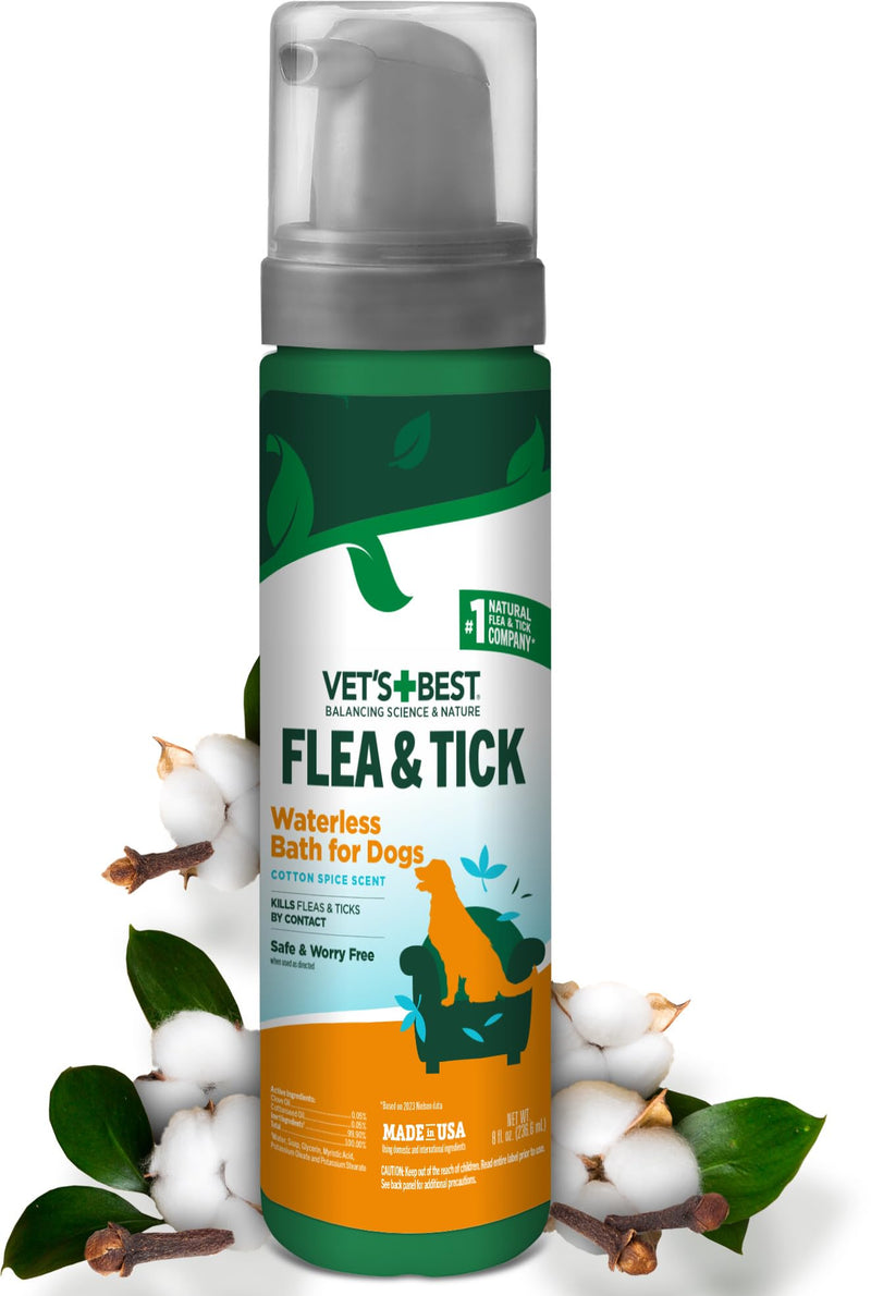 Vet’s Best Waterless Flea and Tick Dog Bath – Natural Flea & Tick Prevention – Dog Dry Shampoo Spray with Essential Oils – Kills Pests on Contact – Made in USA – 8 oz Cotton Spice Scent