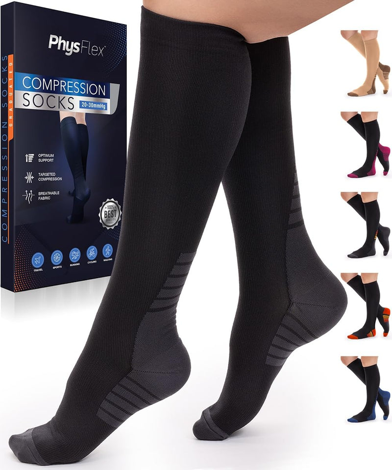 Compression Socks for Women & Men (20-30 mmHg) Support for Flying and Travel, Nurses, Sports and Everyday Wear Black Small-Medium - BeesActive Australia