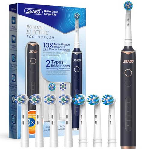SEAGO Rotating Electric Toothbrush with 8 Round Brush Heads, with 5 Cleaning Modes, Sonic Technology Whitening Teeth in 14 Days, for Adult and Kids，SG-2603 (Black) Black