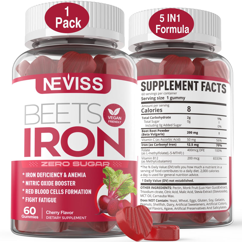 Beet Root Gummies with Iron, Increase Nitric Oxide & Iron Levels, Vegan | Sugar Free, with Methyl B12, Folate, Vitamin C, Energy Support, Fight Fatigue, Beetroot & Gentle Iron Supplement, 60 Count 60 Count (Pack of 1)