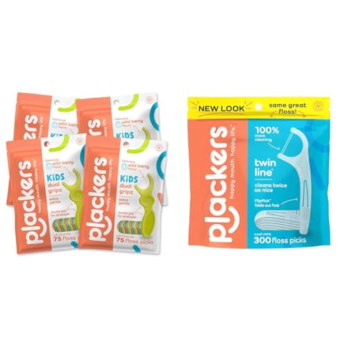 Plackers Kids Dual Gripz Floss Picks with Double Grip Handle, Wild Berry Flavor & Twin-Line Dental Flossers, Cool Mint Flavor, Dual Action Flossing System, Easy Storage