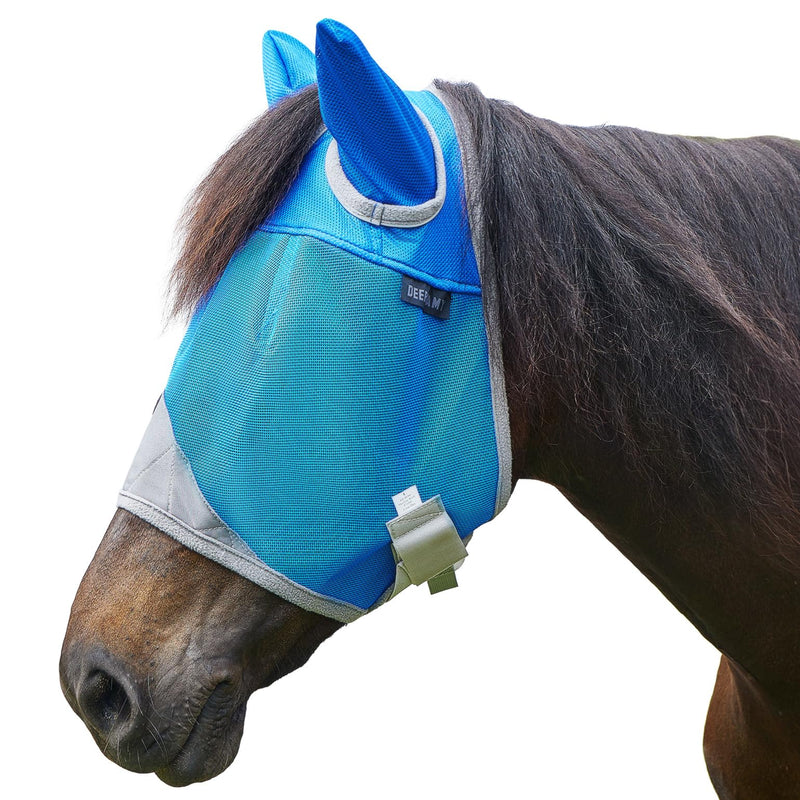 DEERFAMY Fly Masks for Horses,Breathable UV Protection Net Mesh Mask Stretchy Mesh Large Eye Space in Full Coverage,Soft & Gentle on Skin,with Ears,No Nose (Blue, M) Blue Arab/Small Horse(M) - BeesActive Australia