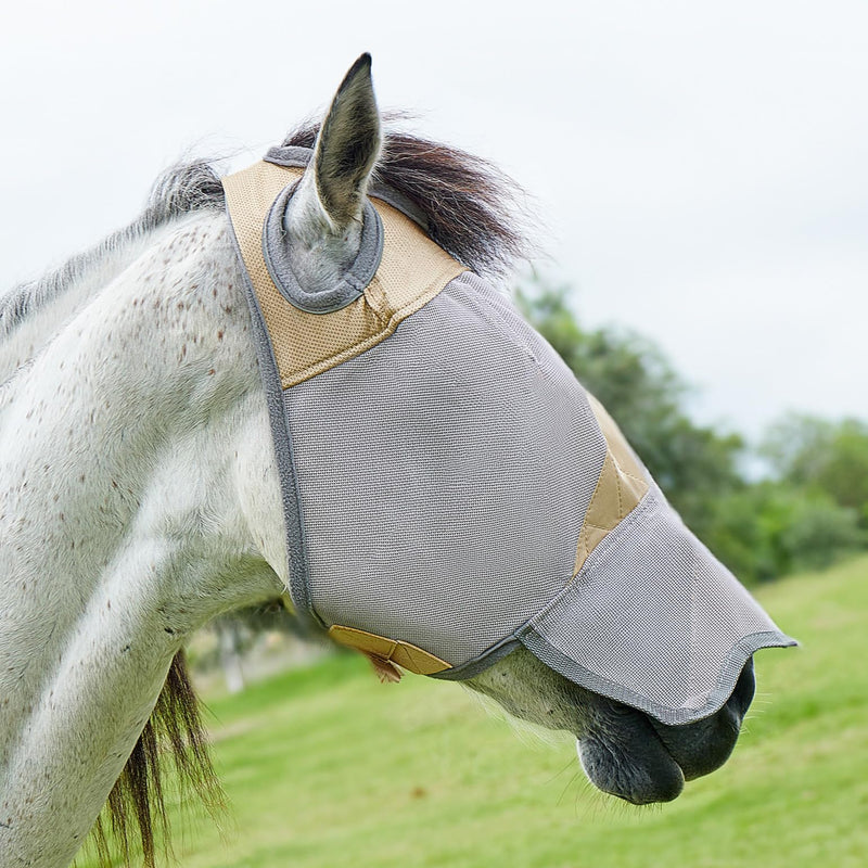 DEERFAMY Adjustable Horse Fly Mask, High-Quility Net Mesh Mask with Large Eye Space,Full Coverage, Soft & Gentle on Skin, No Ears but with Nose (Gold, L) Gold Horse(L) - BeesActive Australia