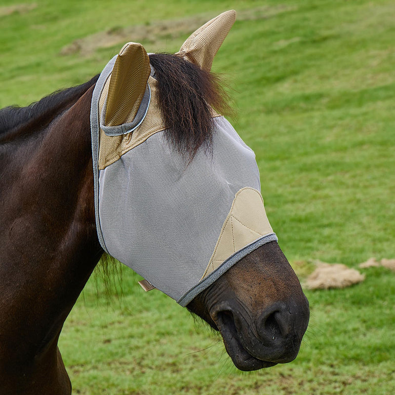 DEERFAMY Fly Masks for Horses,Breathable UV Protection Net Mesh Mask Stretchy Mesh Large Eye Space in Full Coverage,Soft & Gentle on Skin,with Ears,No Nose（Gold, L） Gold Horse(L) - BeesActive Australia