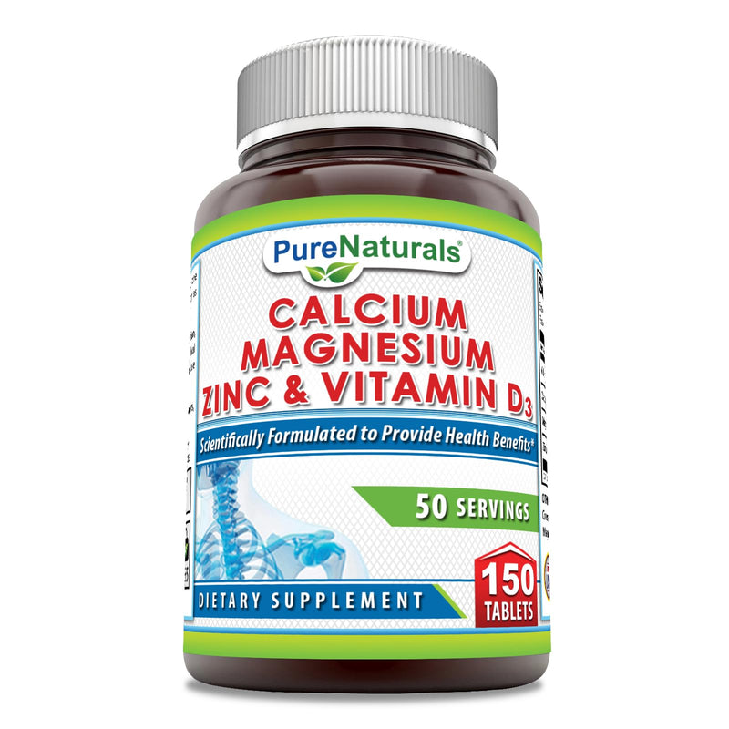 Pure Naturals Calcium Magnesium Zinc Vitamin D3 Supplement | Calcium 1000mg, Magnesium 400mg, Zinc 25mg, Vitamin D3 600 IU | Non-GMO | Gluten Free (150 Tablets) 150 Tablets