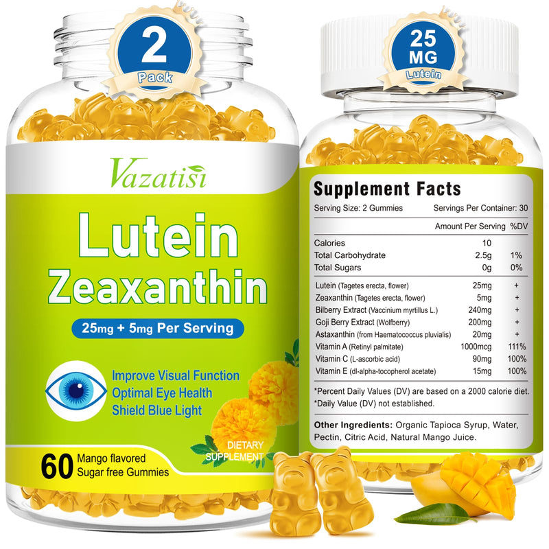 Eye Vitamins Lutein & Zeaxanthin Gummies, Sugar Free Eye Health Supplements with Bilberry, Astaxanthin - Support Blue Light, Visual Function and Macular Health - Mango Flavored, 120 Count 60 Count (Pack of 2)