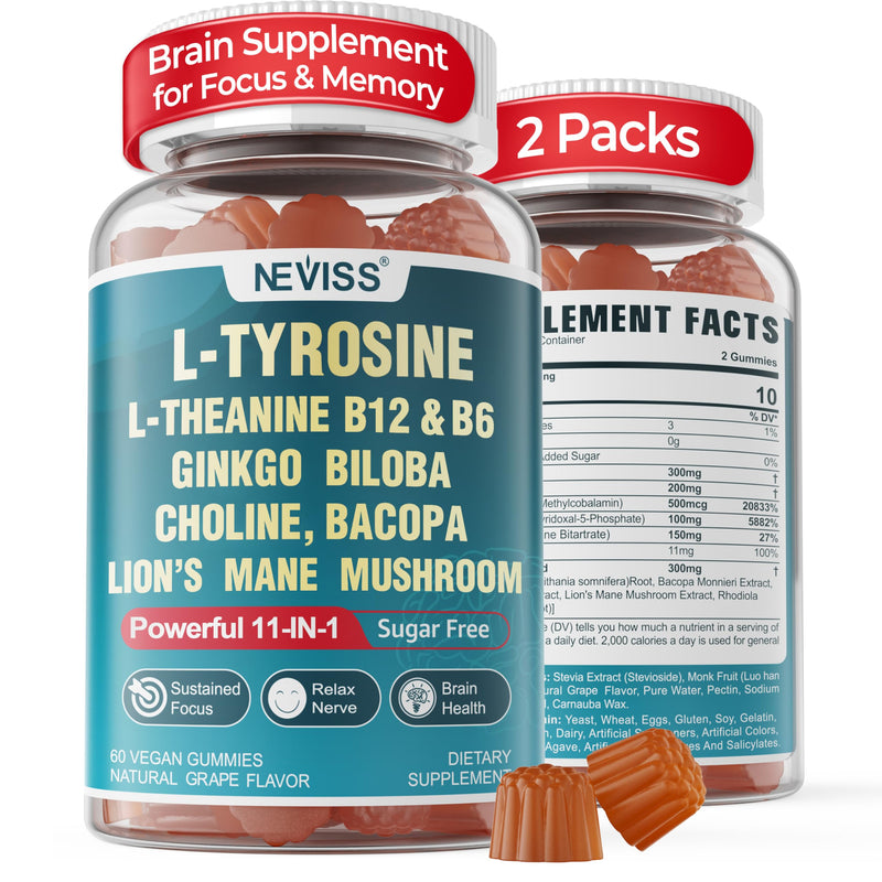 11-IN-1 Brain Supplement for Memory and Focus with L-Tyrosine L-Theanine, Methylated B12 & B6, Lion's Mane Mushroom, Ginkgo Biloba, Bacopa Monnieri, Choline for Focus, Nootropic, Energy, 2Packs 60 Count (Pack of 2)