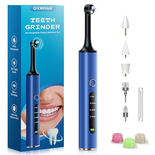 Rechargeable Tooth Polisher, Teeth Polishing Kit for Teeth Whitening, Tooth Polisher for Tartar Stain Removal, Teeth Cleaner Tools for Home Use with 3 Polish Paste and 5 Brush Heads, LED Light