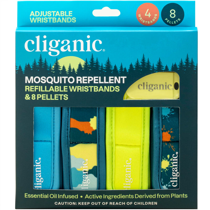 Cliganic Mosquito Repellent Pack (4 Wristbands + 8 Refill Pellets) - Adjustable, Natural DEET-Free, Essential Oil Infused 4 Count (Pack of 1)