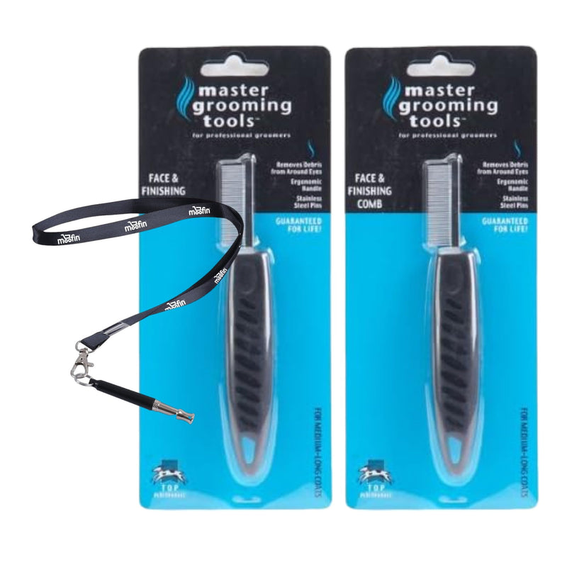 Ergonomic Face & Finishing Combs for Dogs, Bundle with Moofin Pet Training SS Whistle Ultrasonic Non-Slip Handle, 6¼", Black ~ [Pack of 2] - BeesActive Australia