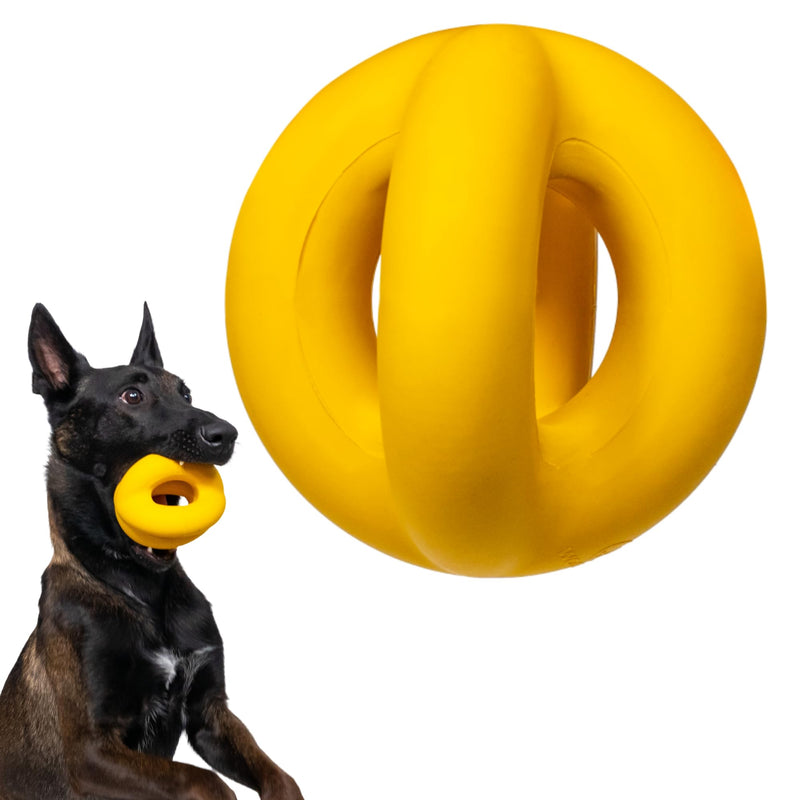 Indestructible Ring Ball - Lifetime Replacement - for Aggressive Chewers, Medium Large Breed - Non-Toxic Natural Rubber Dog Toys - Butter Scent, Yellow (Highly Visible Color for Dogs) - 4.5” - BeesActive Australia