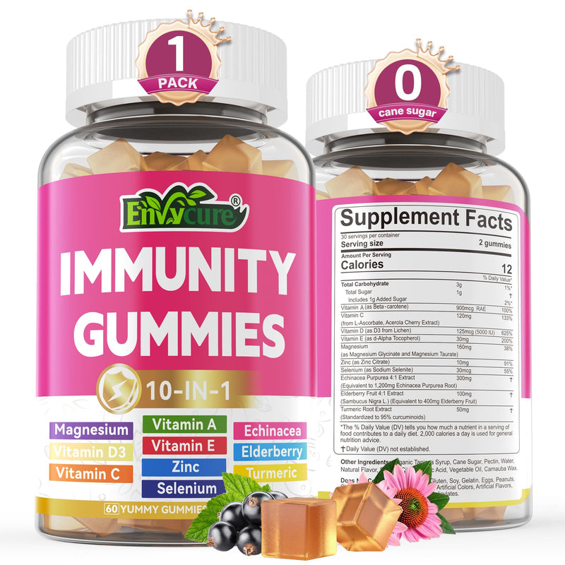 Immune Support Supplement Gummies, w/Echinacea, Elderberry, Vitamin C, Zinc | 10 IN 1 Daily Immune Booster Multivitamin, w/Vitamin D3 5000IU, Magnesium, Selenium, for Antioxidant Bone Energy, 1 Pack 60 Count (Pack of 1)
