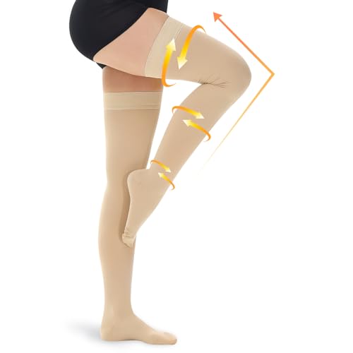 beister 15-20 mmHg Medical Compression Stockings with Dot Silicone Band, Closed Toe Thigh High Graduated Compression Socks for Women Men, Circulation Support Pressure Stockings for Varicose Veins, DVT 3X-Large Beige