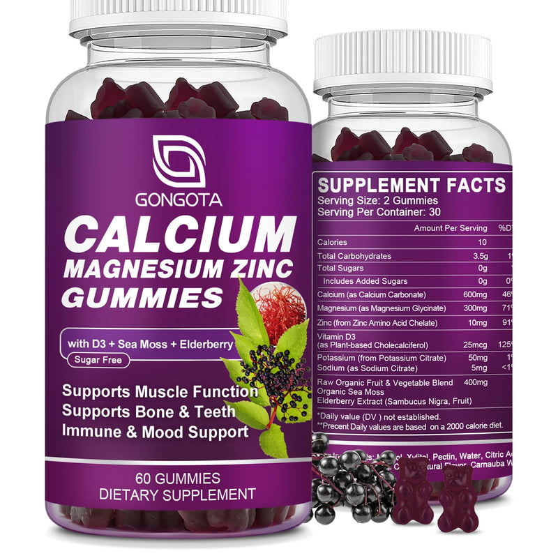 Calcium Magnesium Zinc with Vitamin D3 Supplement, Highly Absorbent Calcium Gummies with 300mg Magnesium glycinate Support Bone & Teeth, Muscle for Adults and Teens,Sugar Free, Vegan - 60 Count Elderberry 60 Count (Pack of 1)