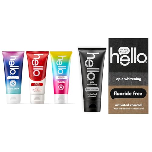 hello Variety (Unicorn, Strawberry, Dragon) Fluoride Kids Toothpaste, Anticavity, Natural Flavors & Activated Charcoal Epic Whitening Fluoride Free Toothpaste, Fresh Mint + Coconut Oil