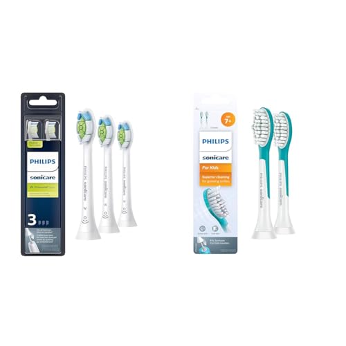 Philips Sonicare Genuine W DiamondClean Replacement Toothbrush Heads, 3 Brush Heads, White, HX6063/65 & for Kids 7+ Genuine Replacement Toothbrush Heads, 2 Brush Heads
