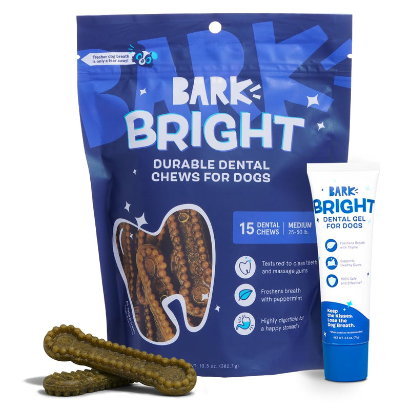 Bark Bright Durable Dog Dental Kit for Tough Chewers - 15 Chew Sticks & Toothpaste - Medium Breeds - PawsPlanet Australia