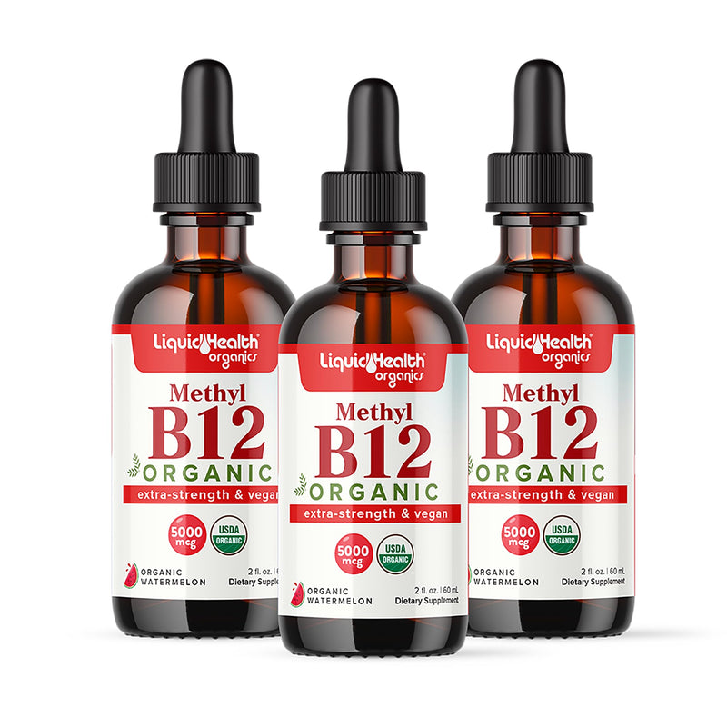 LIQUIDHEALTH USDA Organic Methyl Vitamin B12 Methylcobalamin Liquid Drops with Tart Cherry Juice - Boost Energy, Immune Support, Improve Memory & Concentration - USA Made, Vegan, Non-GMO (3 Pack) 2 Fl Oz (Pack of 3)