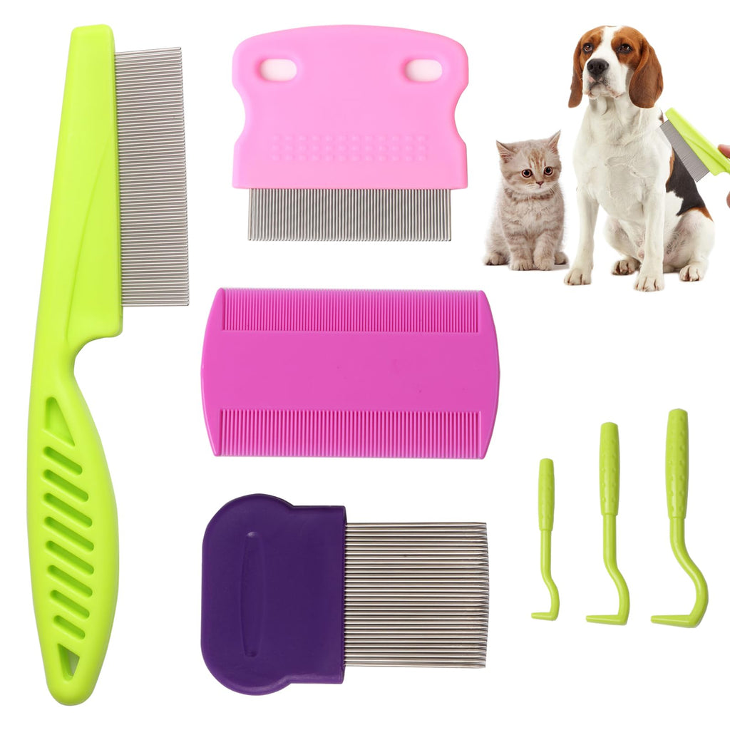 Tick flea comb for dogs 7pcs Metal flea brush for indoor Cats Lice combs for thick hair Pet tear stain comb Fine tooth comb Large and Small dog combs for grooming