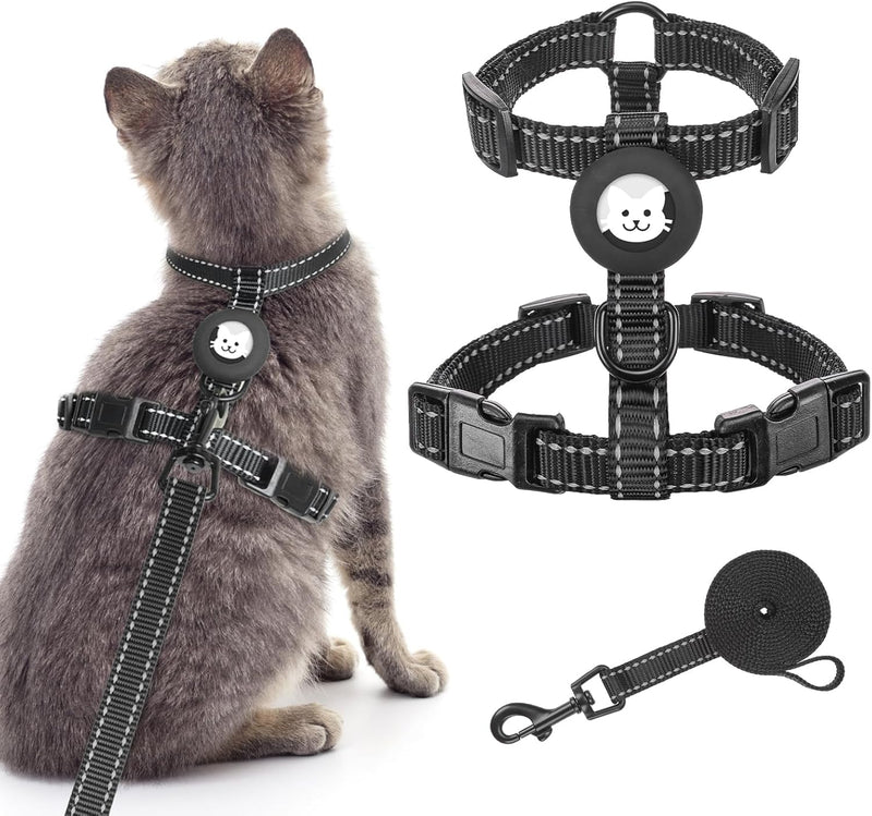 BINGPET Cat Harness and Leash Set Escape Proof for Walking,Adjustable Kitten Harness with Airtag Holder for Small Medium Large Cats,Easy Control Soft Harness with Reflective Stripes(Black Reflective) Neck:8"-12" Chest:12.5"-18" Black Reflective - BeesActive Australia