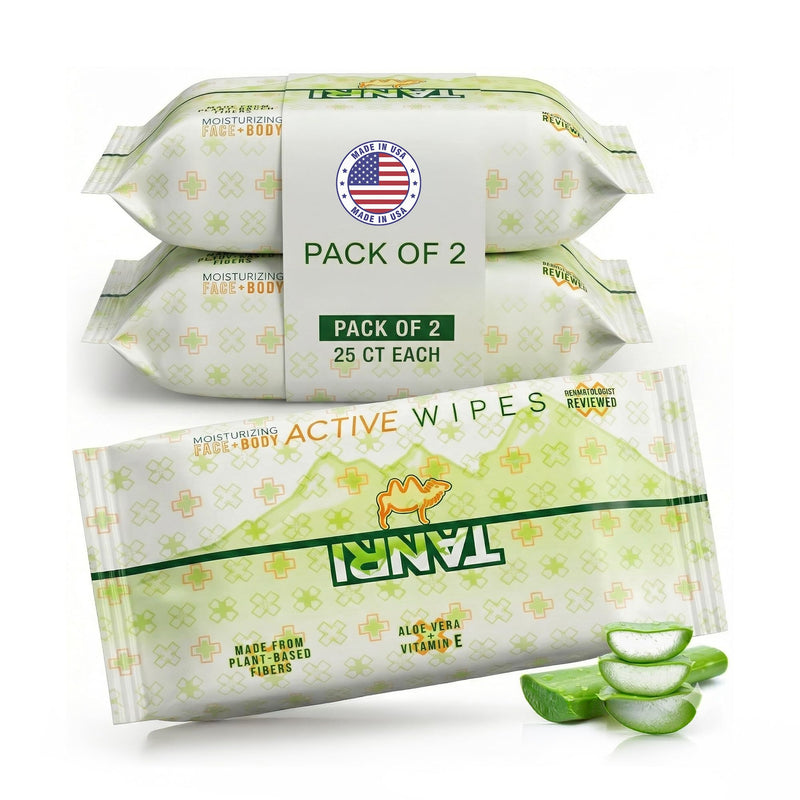 TANRI (50 Wipes) 2Pack - No Rinse Unscented Body Cleansing Wipes Adults | Camping & Travel Friendly Body Cleansing Wipes - Bathing & Shower Wipes Enriched with Chamomile, Vitamin E & Cucumber Extract 1 Count (Pack of 2)